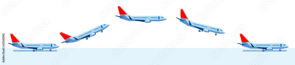 A set of images of an airplane on the runway, in flight, and landing. Vector set of icons on the theme of air transportation.