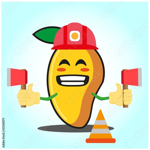 Cute mango fire fighter cartoon face character holding axes design