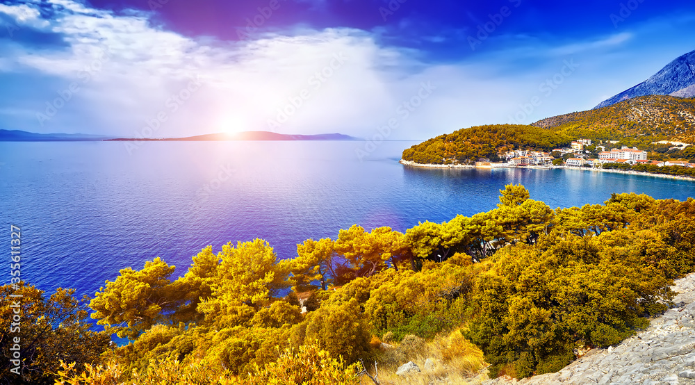 Amazing panorama of the adriatic sea under sunlight and blue sky. Beauty world.