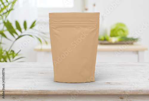 Beige food and snack pouch bag packaging mock-up design front view