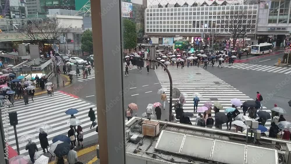 Pedestrians with umbrellas ready to walk the Shibuya crossing, Tokyo ...