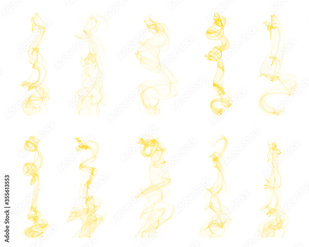 Vector set of yellow beautiful smoke brushes. Curve smoke lines illustration