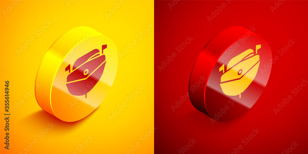 Isometric Speedboat icon isolated on orange and red background. Circle button. Vector Illustration. Isometric Speedboat icon isolated on orange and red background. Circle button. Vector Illustration.