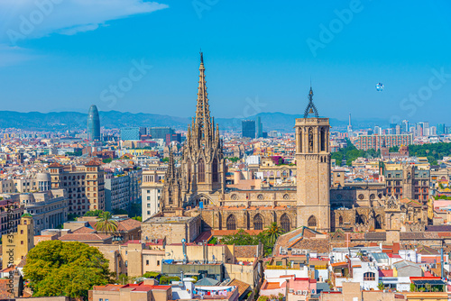 Photography Aerial view of the old town Barcelona with tower of the cathedral, Spain