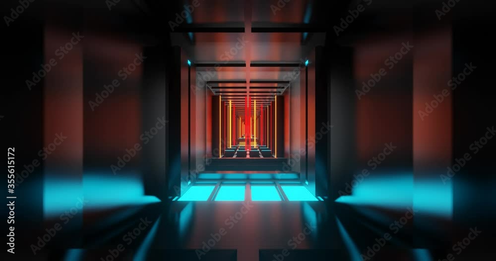3d render loop animation of hi-tech style tunnel with blue, yellow and red light.