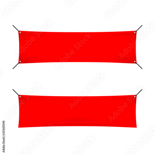 Red banner suspended by grommets with swaying textile cloth - template for  text placement - message, protest, offers, greeting  - vector element in two variations