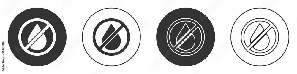 Black Water drop forbidden icon isolated on white background. No water sign. Circle button. Vector Illustration. Black Water drop forbidden icon isolated on white background. No water sign. Circle button. Vector Illustration.