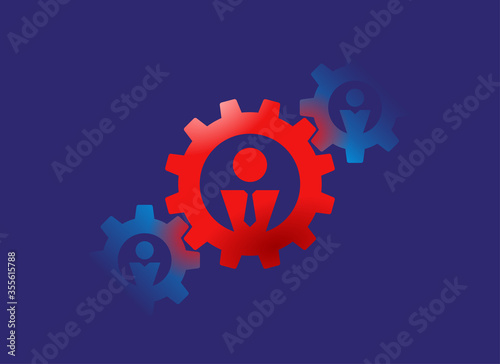 Project management concept - professional manager intermediary between customer and developer - people icons inside gears