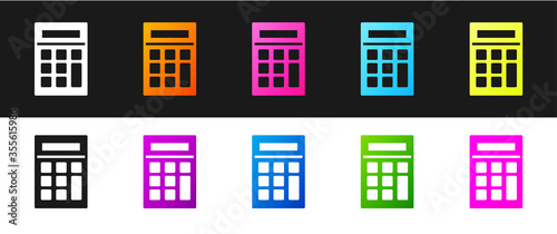 Set Calculator icon isolated on black and white background. Accounting symbol. Business calculations mathematics education and finance. Vector Illustration.