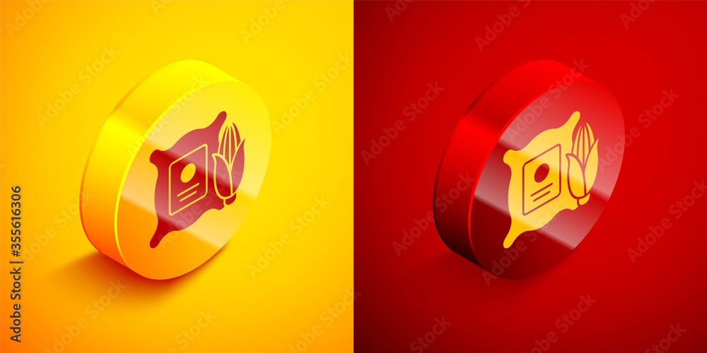 Isometric Corn in the sack icon isolated on orange and red background. Corn in a canvas bag. Farmers market. Circle button. Vector Illustration. Isometric Corn in the sack icon isolated on orange and red background. Corn in a canvas bag. Farmers market. Circle button. Vector Illustration.