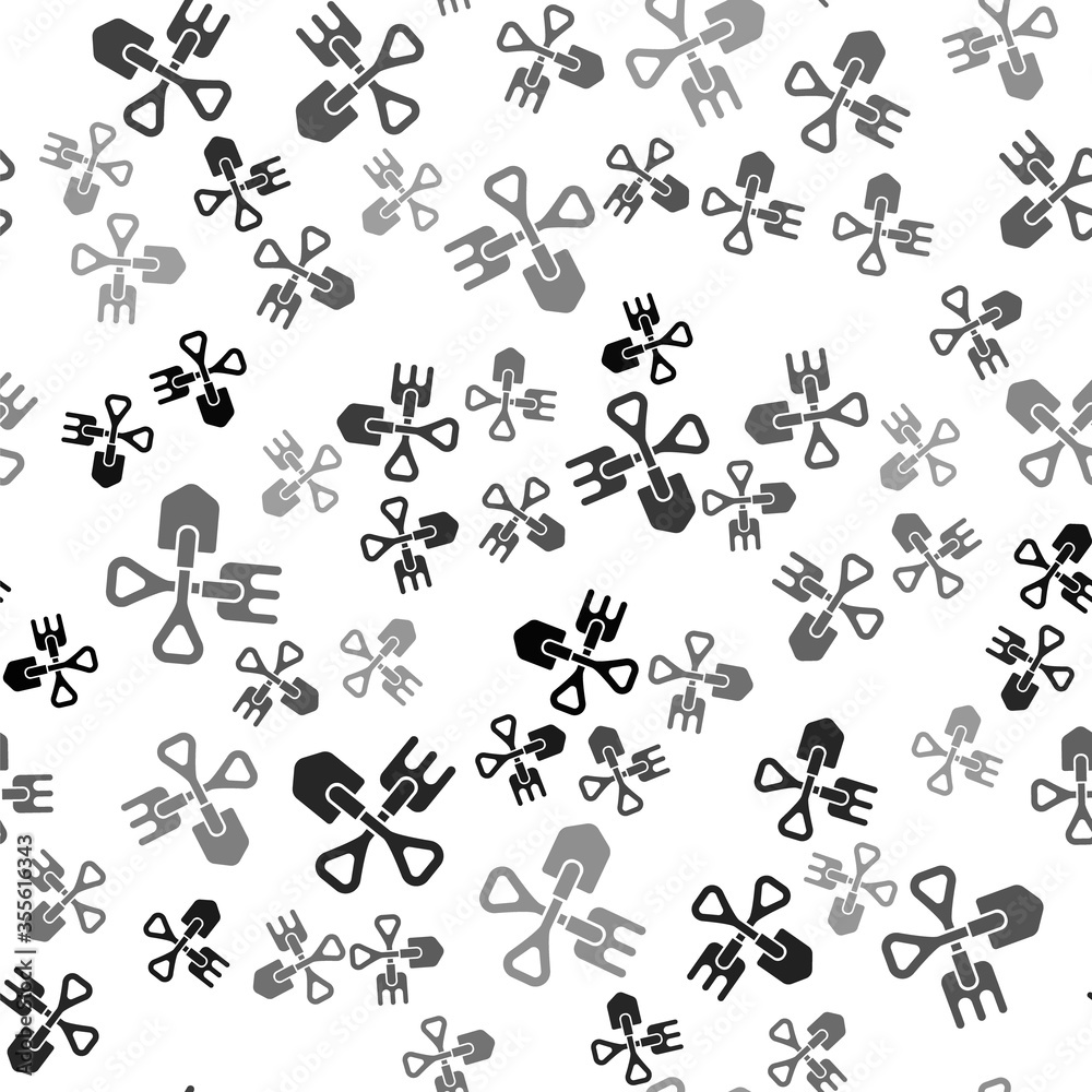 Black Shovel and rake icon isolated seamless pattern on white background. Tool for horticulture, agriculture, gardening, farming. Ground cultivator. Vector Illustration.