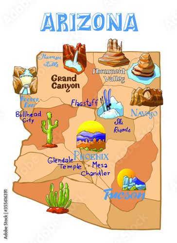 Vector illustration Arizona map  with countrysides and state symbols