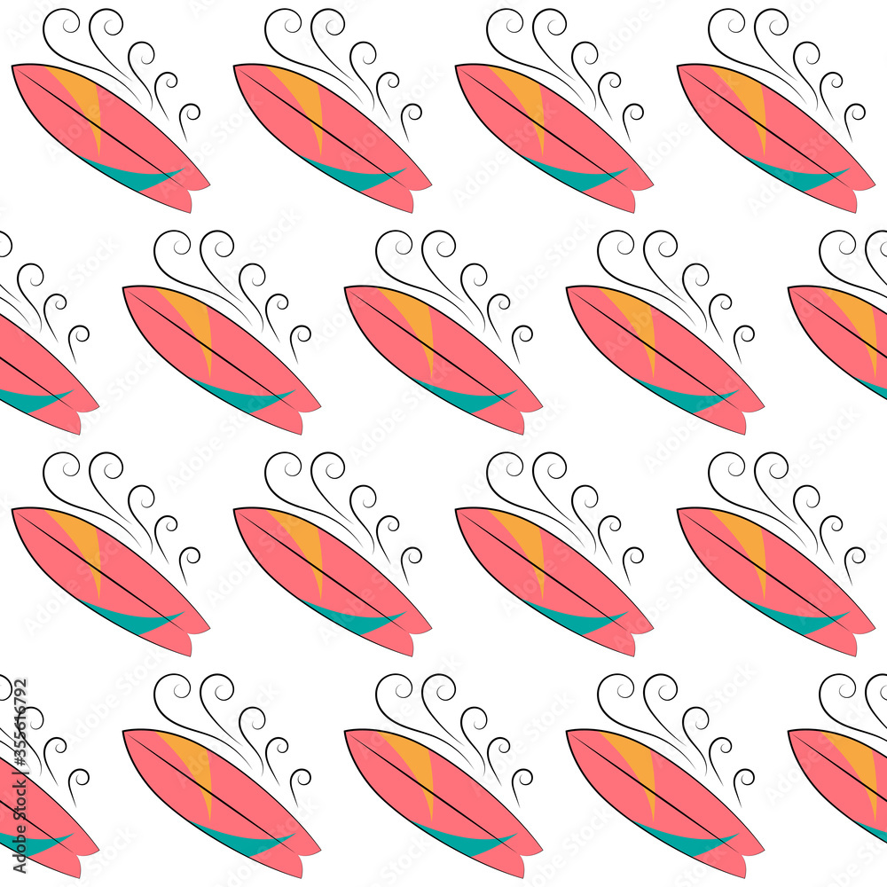 Surf board and wave vector seamless pattern. Shortboard seamless texture. Textile, wrapping paper, wallpaper design, packaging. Pink, blue and yellow color. Decoration. Isolated on a white background.