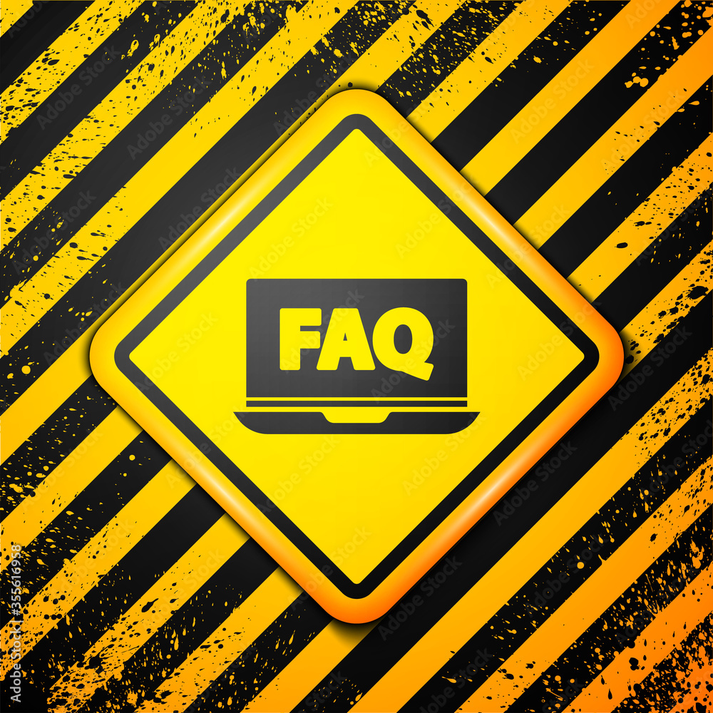 Black Laptop and FAQ icon isolated on yellow background. Adjusting, service, setting, maintenance, repair, fixing. Warning sign. Vector Illustration. Black Laptop and FAQ icon isolated on yellow background. Adjusting, service, setting, maintenance, repair, fixing. Warning sign. Vector Illustration.