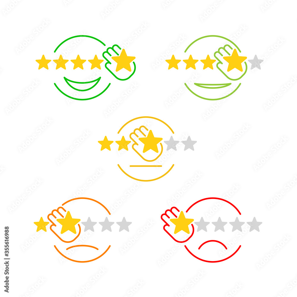 Feedback icons set - five evaluation rating - combination of stars and smiles with hands  - positive, neutral, negative ranking symbols