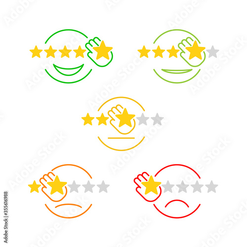Feedback icons set - five evaluation rating - combination of stars and smiles with hands  - positive  neutral  negative ranking symbols