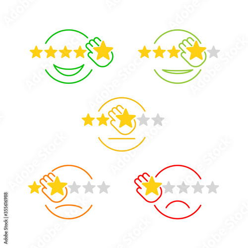 Feedback icons set - five evaluation rating - combination of stars and smiles with hands  - positive, neutral, negative ranking symbols