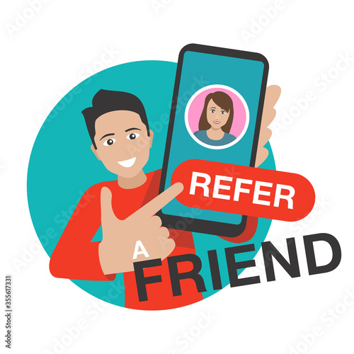 Refer a friend - referral program creative circular banner - young man holding phone and shows his friends (people icons, avatars) - vector illustration for web service