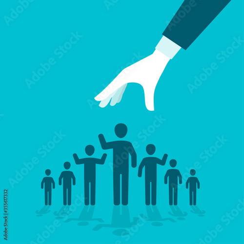 Recruitment, HR-company or other people selecting concept - hand choosing one person from group of people icons - vector creative illustration