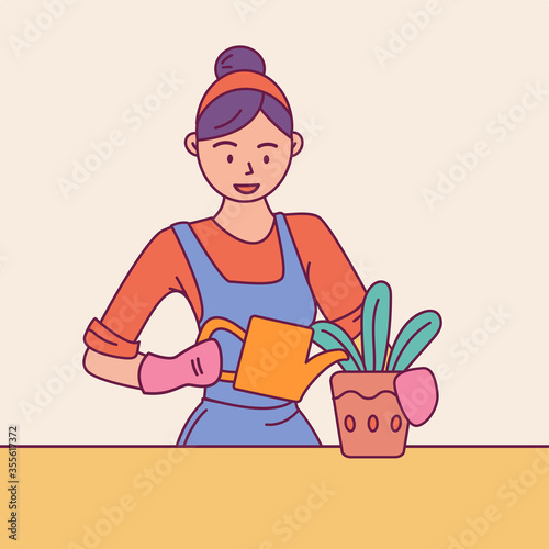 Young woman housewife watering houseplants from watering can on table. Gardener caring for indoor plants, of home garden. Hobby. Colorful character.Vector illustration flat style.