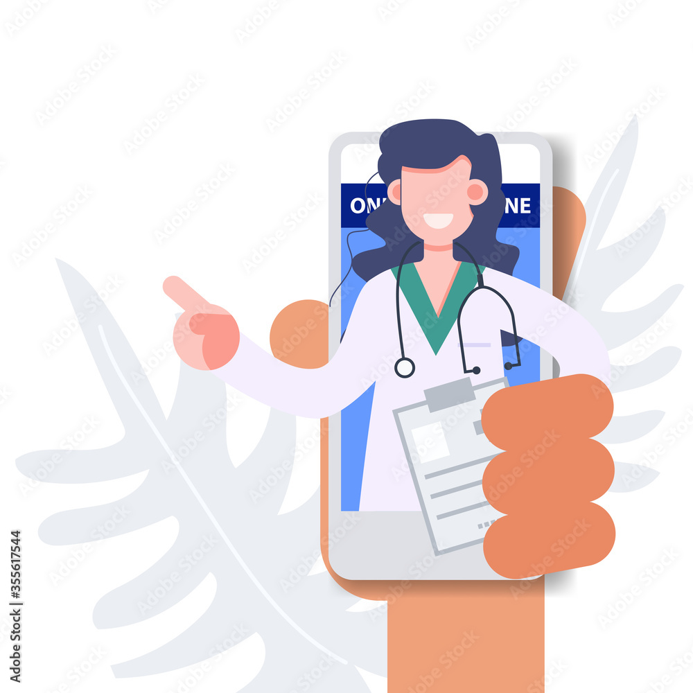 Online medicine telemedicine doctor consult over mobile phone Flat design vector character  Health care and medical flat character vector illustration