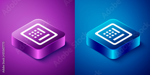 Isometric Safe icon isolated on blue and purple background. The door safe a bank vault with a combination lock. Reliable Data Protection. Square button. Vector Illustration.