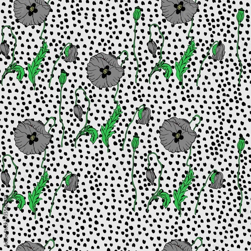 Gray poppies with green leaves on a background of poppy seeds. Hand drawing, vector. Seamless background floral pattern. The pattern can be applied to fabric, wall paper or wrapping paper.