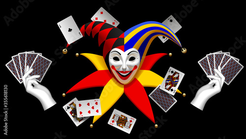 Joker with white gloves and playing cards isolated on black