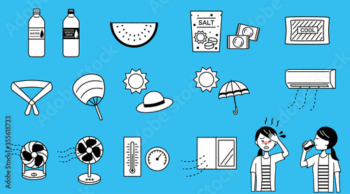 女性と熱中症対策セット　手描き風