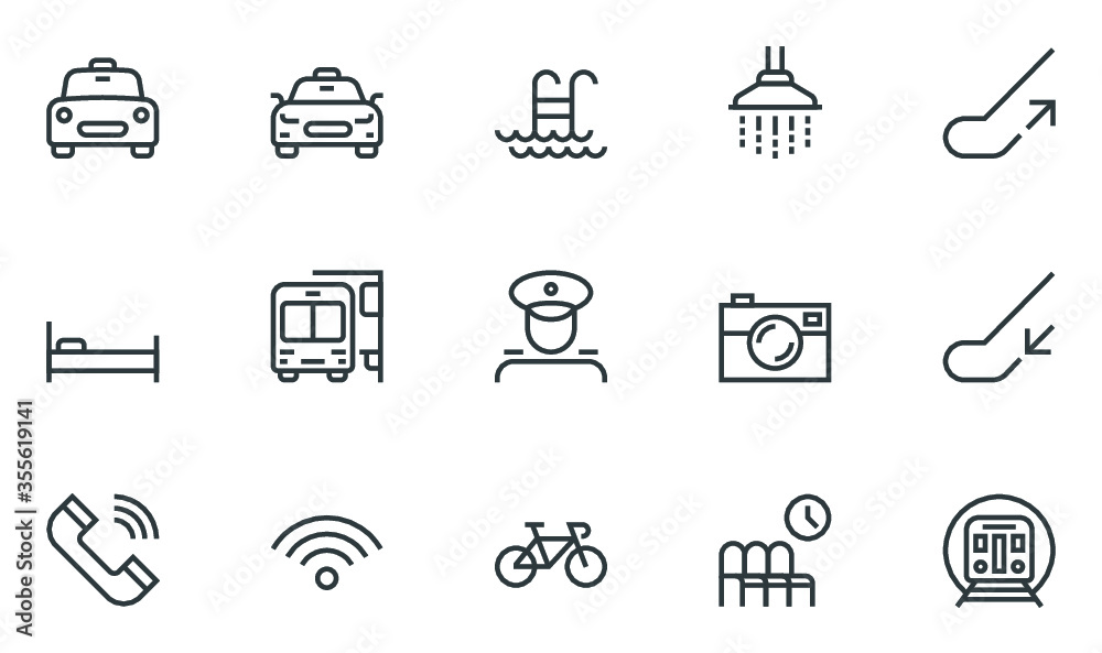 Public Navigation Vector Flat Line Icons Set. Shower, Elevator, Taxi, Police, Subway. Editable Stroke. 48x48 Pixel Perfect. Public Navigation Vector Flat Line Icons Set. Shower, Elevator, Taxi, Police, Subway. Editable Stroke. 48x48 Pixel Perfect.