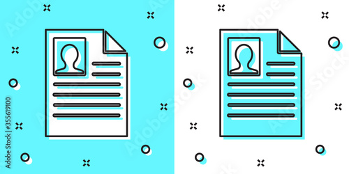 Black line Resume icon isolated on green and white background. CV application. Searching professional staff. Analyzing personnel resume. Random dynamic shapes. Vector Illustration.