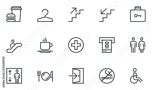 Public Navigation Vector Flat Line Icons Set. Cloakroom, Elevator, Exit, Taxi, ATM, Cafe. Editable Stroke. 48x48 Pixel Perfect.