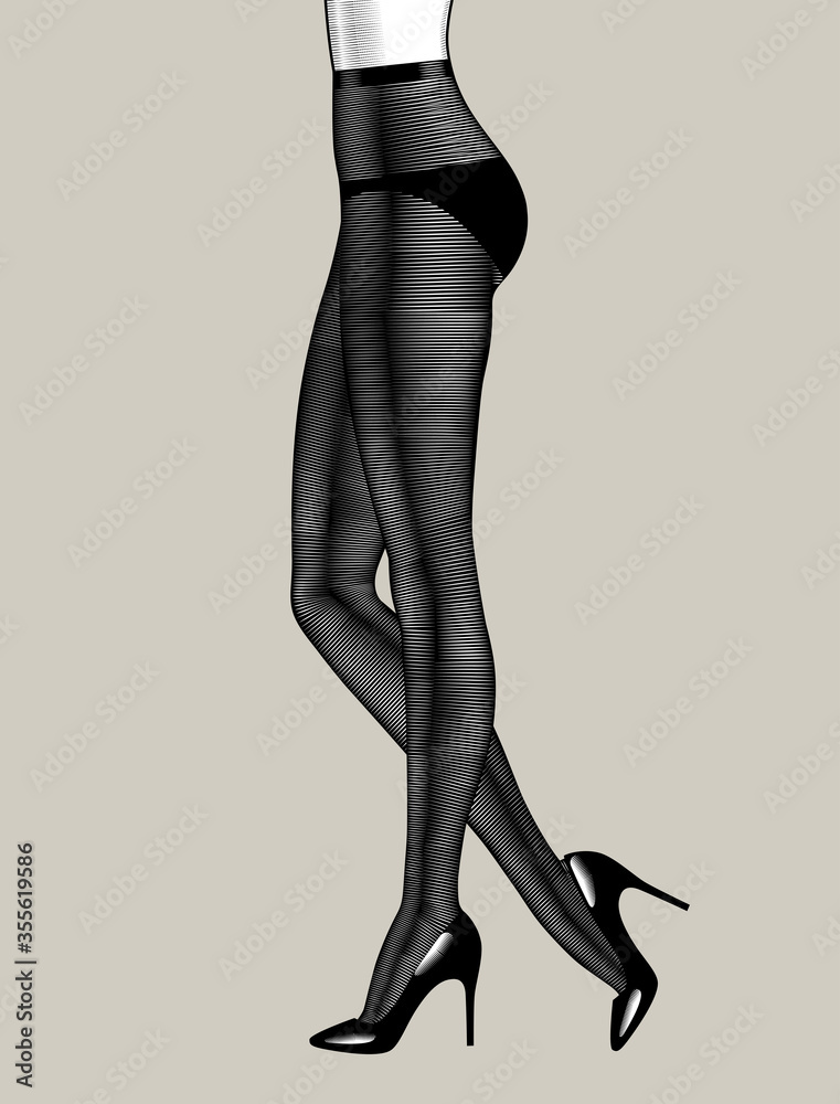 Engraved drawing of legs of standing woman in black pantyhose Stock