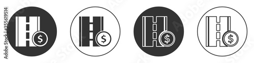 Black Toll road traffic sign. Signpost icon isolated on white background. Pointer symbol. Street information sign. Direction sign. Circle button. Vector Illustration.
