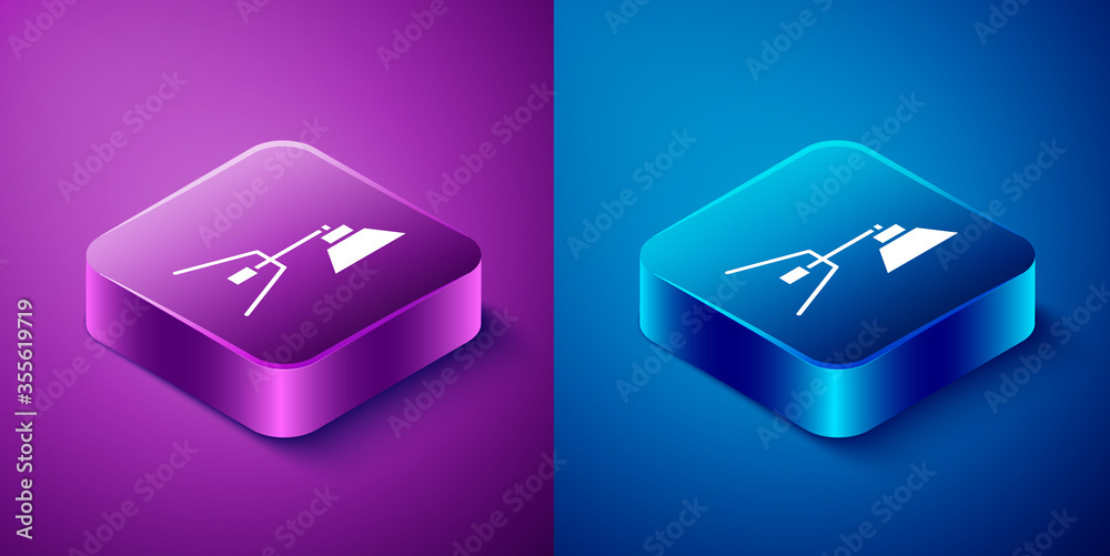 Isometric Movie spotlight icon isolated on blue and purple background. Light Effect. Scene, Studio, Show. Square button. Vector Illustration.