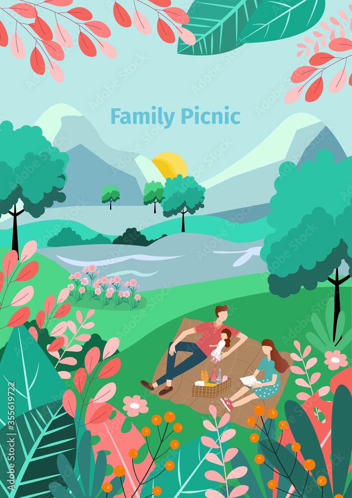 Obraz premium Illustration of a family picnic in the garden, Happy family outdoors in the garden,Vector nature background,
