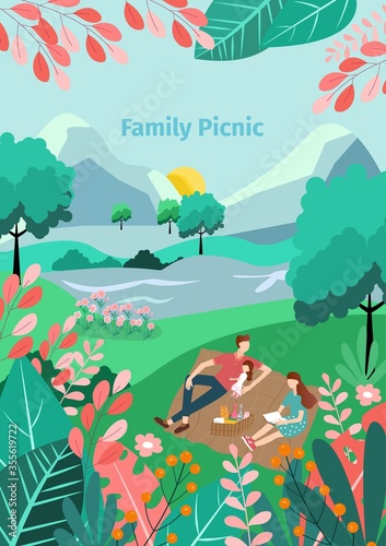 Illustration of a family picnic in the garden, Happy family outdoors in the garden,Vector nature background,