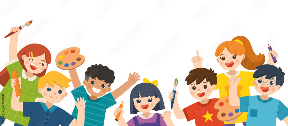 Group of Multicultural happy kids have fun and ready to get painting together. Cheerful elementary school students. Template for advertising brochure. Group of Multicultural happy kids have fun and ready to get painting together. Cheerful elementary school students. Template for advertising brochure.