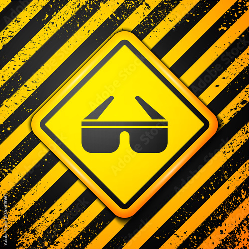 Black 3D cinema glasses icon isolated on yellow background. Warning sign. Vector Illustration.