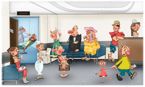 Dental clinic. Patients in the waiting room at the entrance to the dentist's office. Humorous illustration.