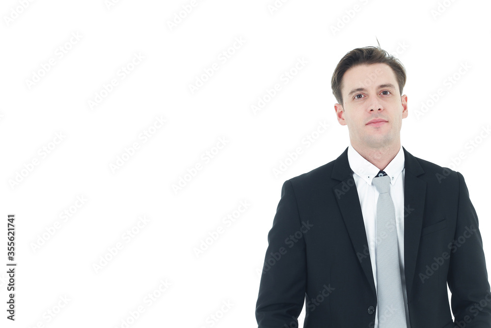 Handsome and smart businessman in black suit isolated on white background. Copy Space Handsome and smart businessman in black suit isolated on white background. Copy Space