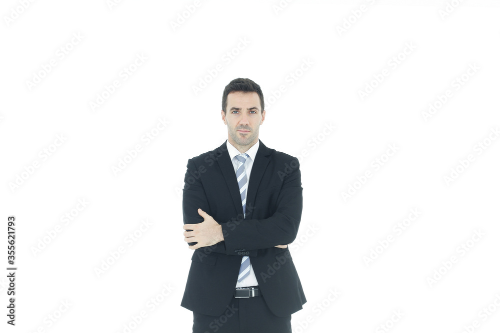 Handsome and smart businessman in black suit isolated on white background. Business and Finance concept. Copy Space Handsome and smart businessman in black suit isolated on white background. Business and Finance concept. Copy Space