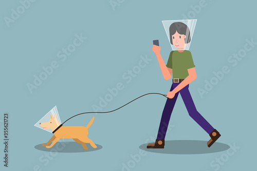 New normal concept after Coronavirus. Walking man and dog wearing protective cone. Isolated. Stock vector Illustration