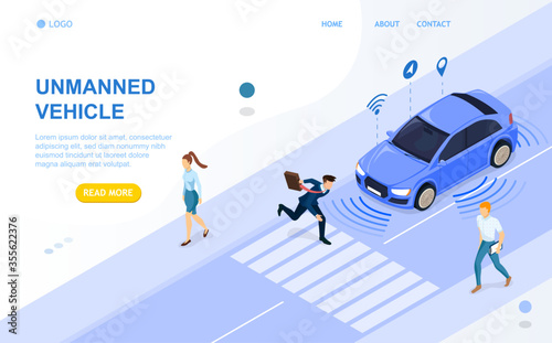 Unmanned vehicle with automatic self-driving system on the street. The car passes on a crosswalk. A man runs over a zebra. An unmanned vehicle responds to a pedestrian. Isometric Vector Illustration