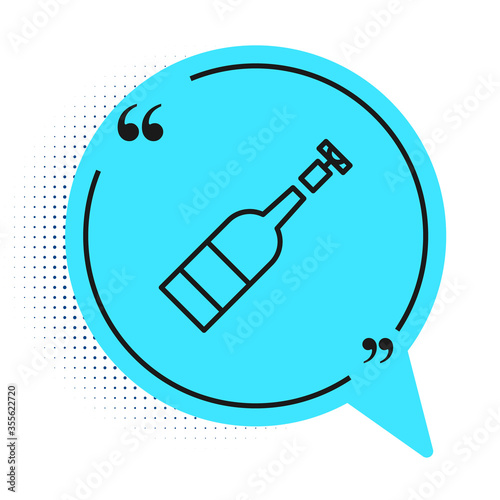 Black line Opened bottle of wine icon isolated on white background. Blue speech bubble symbol. Vector Illustration.