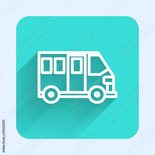 White line School Bus icon isolated with long shadow. Public transportation symbol. Green square button. Vector Illustration. © Kostiantyn