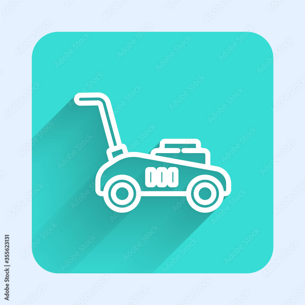 White line Lawn mower icon isolated with long shadow. Lawn mower cutting grass. Green square button. Vector Illustration. White line Lawn mower icon isolated with long shadow. Lawn mower cutting grass. Green square button. Vector Illustration.