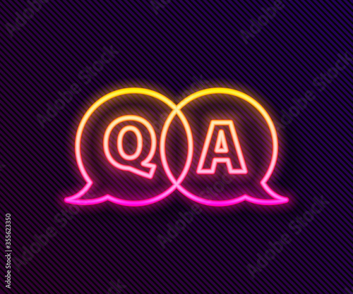 Glowing neon line Speech bubbles with Question and Answer icon isolated on black background. Q and A symbol. FAQ sign. Chat speech bubble and chart. Vector Illustration.