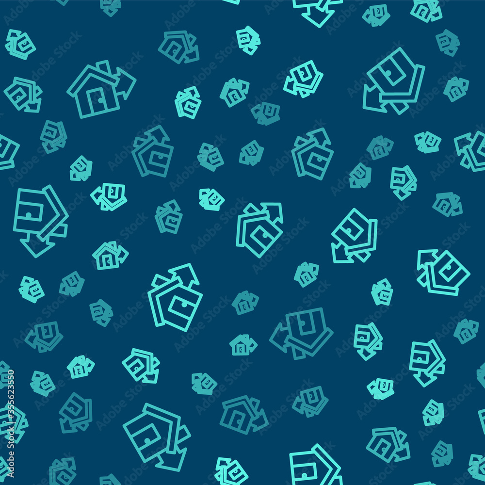 Green line Sale house icon isolated seamless pattern on blue background. Buy house concept. Home loan concept, rent, buying a property. Vector Illustration. Green line Sale house icon isolated seamless pattern on blue background. Buy house concept. Home loan concept, rent, buying a property. Vector Illustration.
