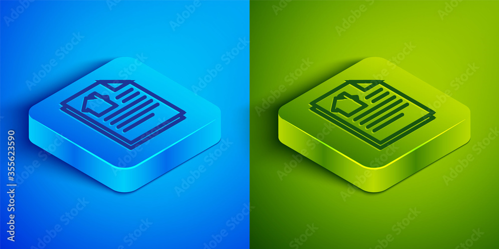 Isometric line House contract icon isolated on blue and green background. Contract creation service, document formation, application form composition. Square button. Vector Illustration. Isometric line House contract icon isolated on blue and green background. Contract creation service, document formation, application form composition. Square button. Vector Illustration.